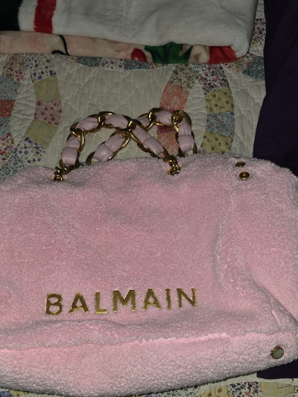 Balmain Pink Bouclé Tote with Gold Chain Handles